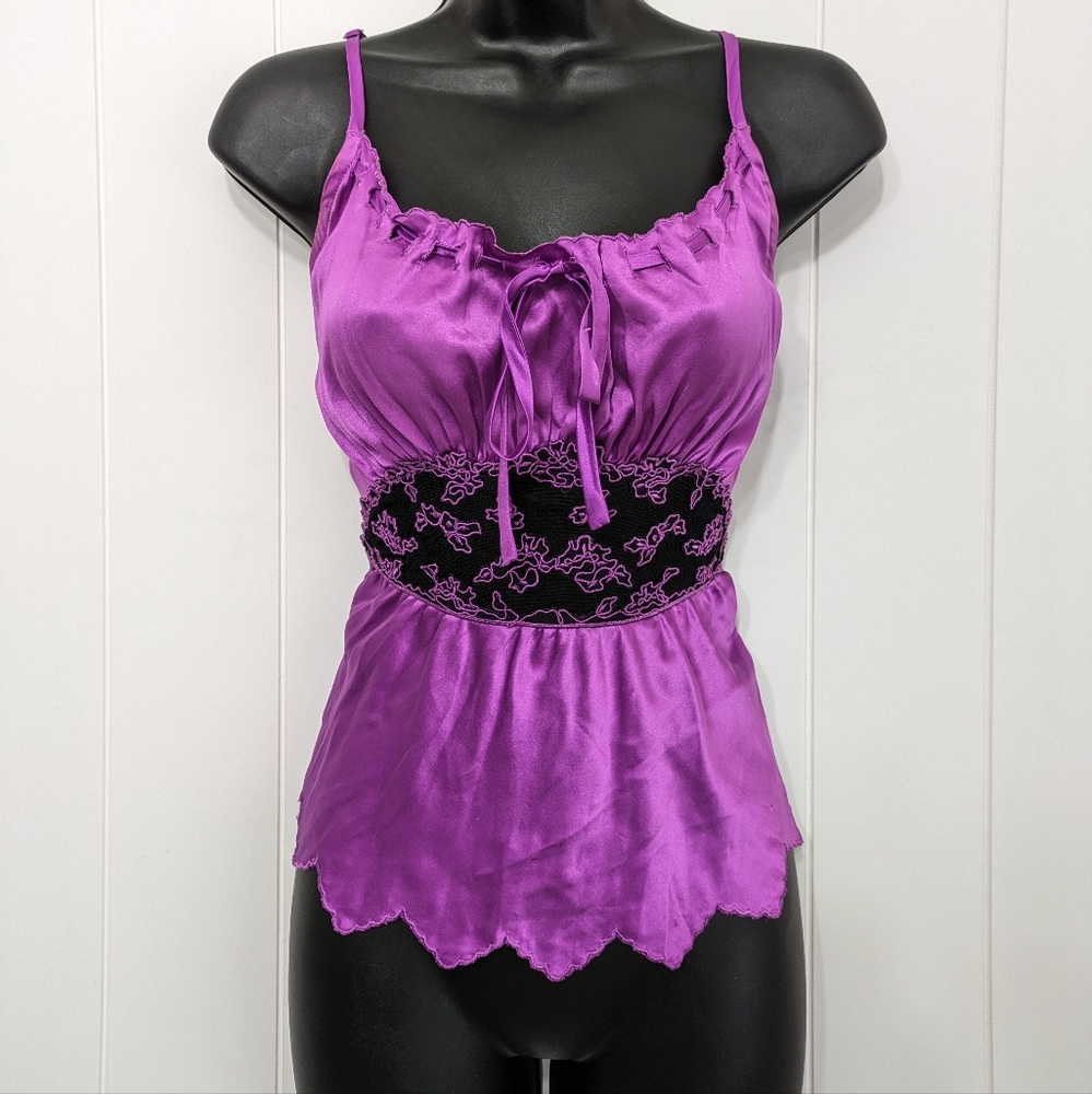 Vintage Y2K Betsey Johnson New York, Satin Silk, purple and black Blouse, 90'S